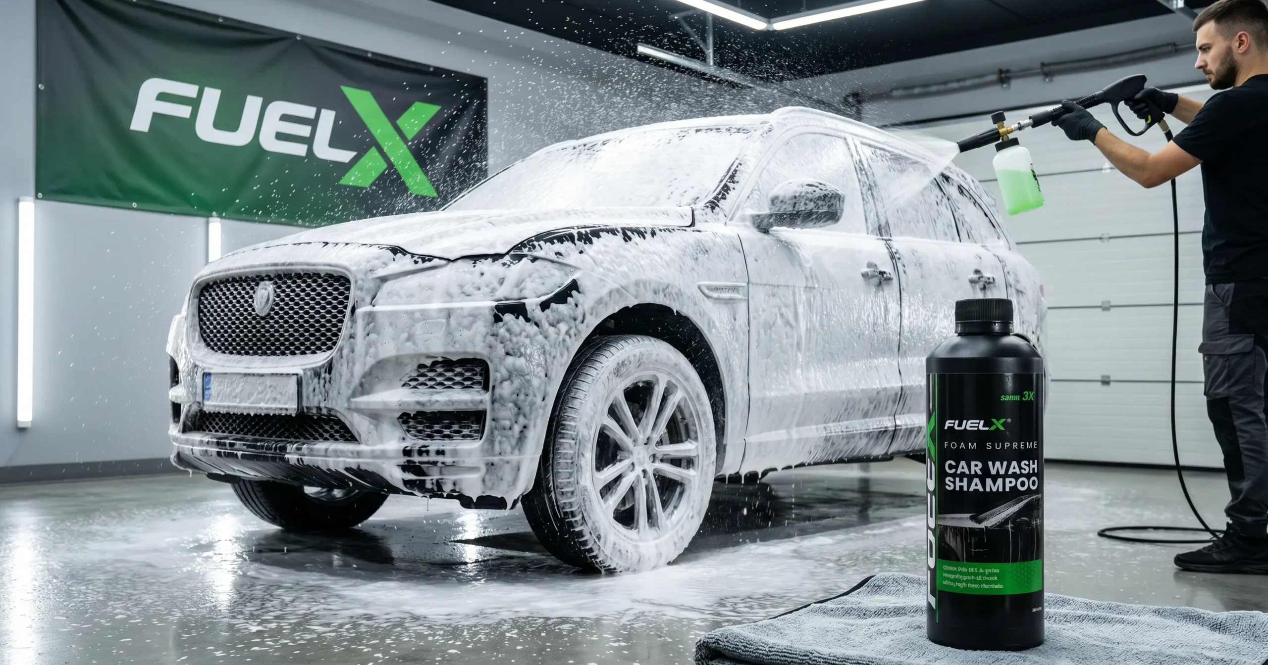 Car covered in thick snow foam during wash