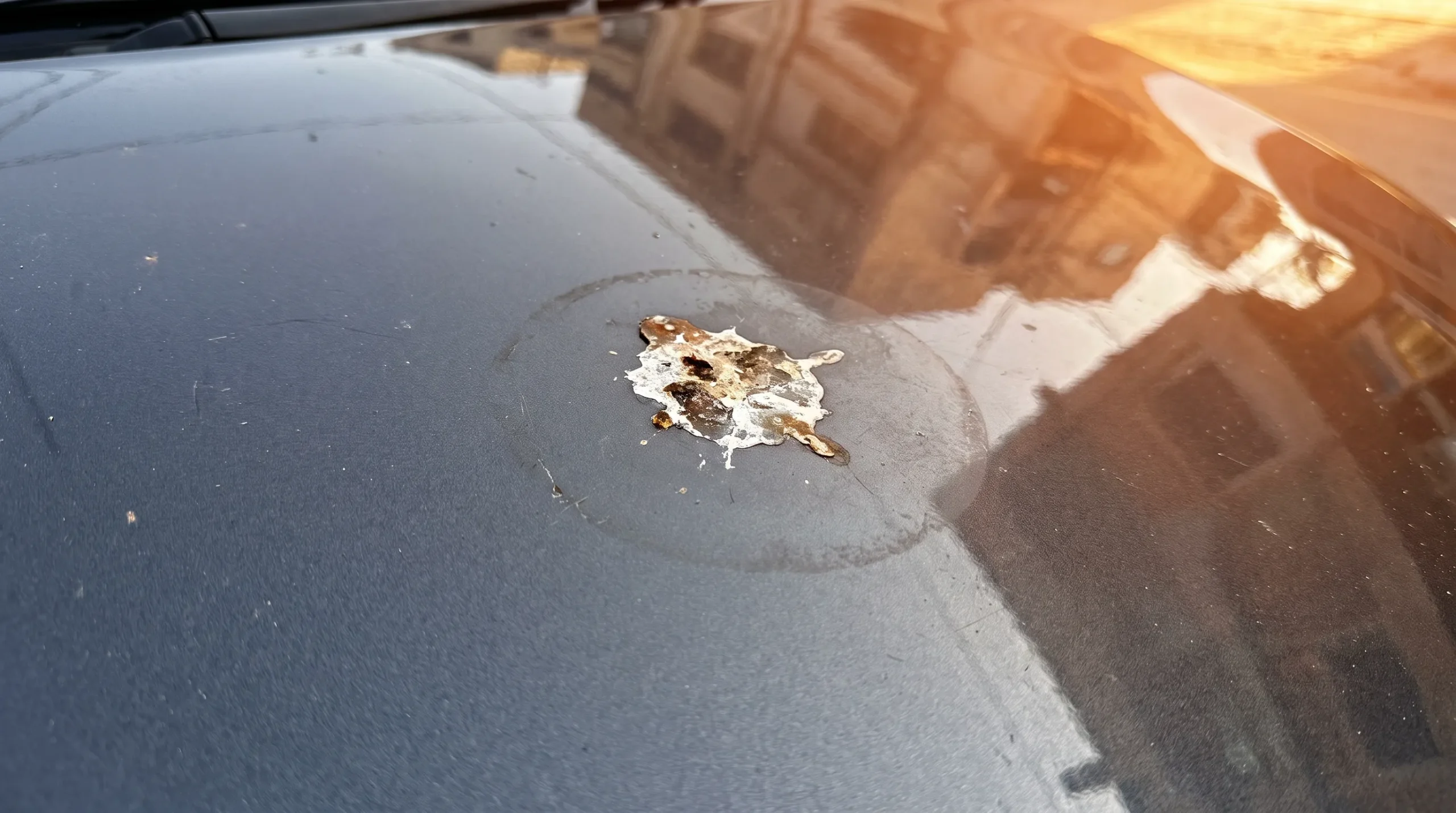 Bird dropping residue on car paint under sunlight