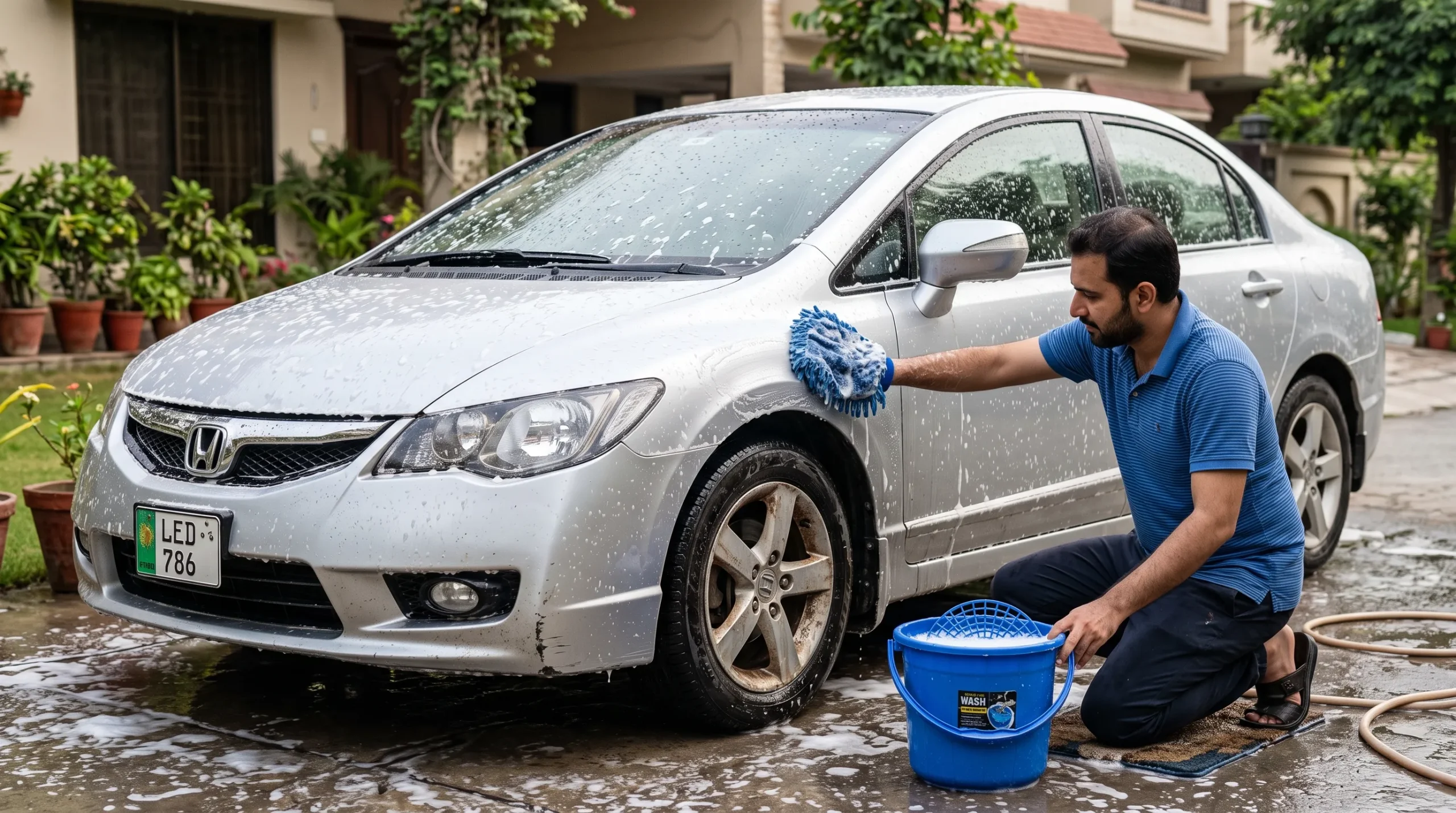 Washing a car at home with car wash shampoo