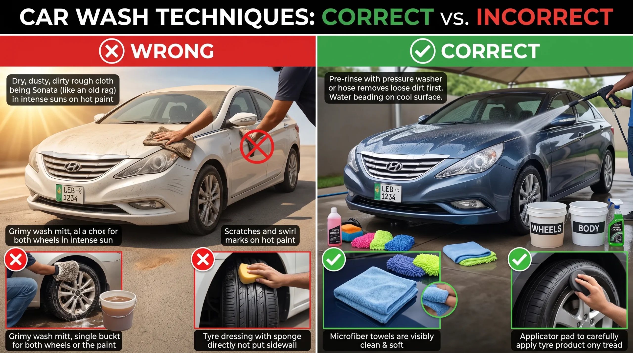Correct and incorrect car washing techniques