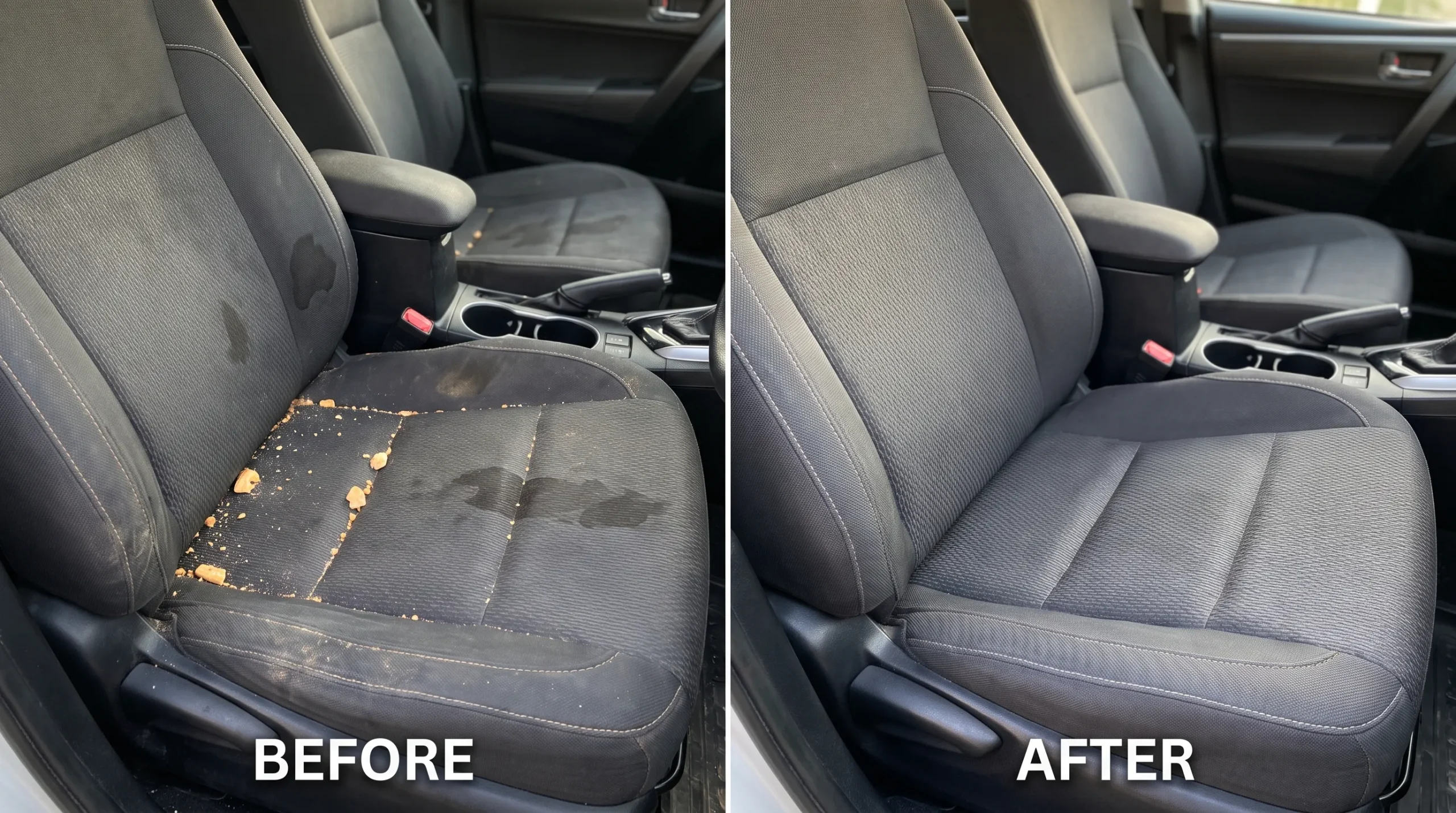 Dirty and clean car seat before and after home cleaning