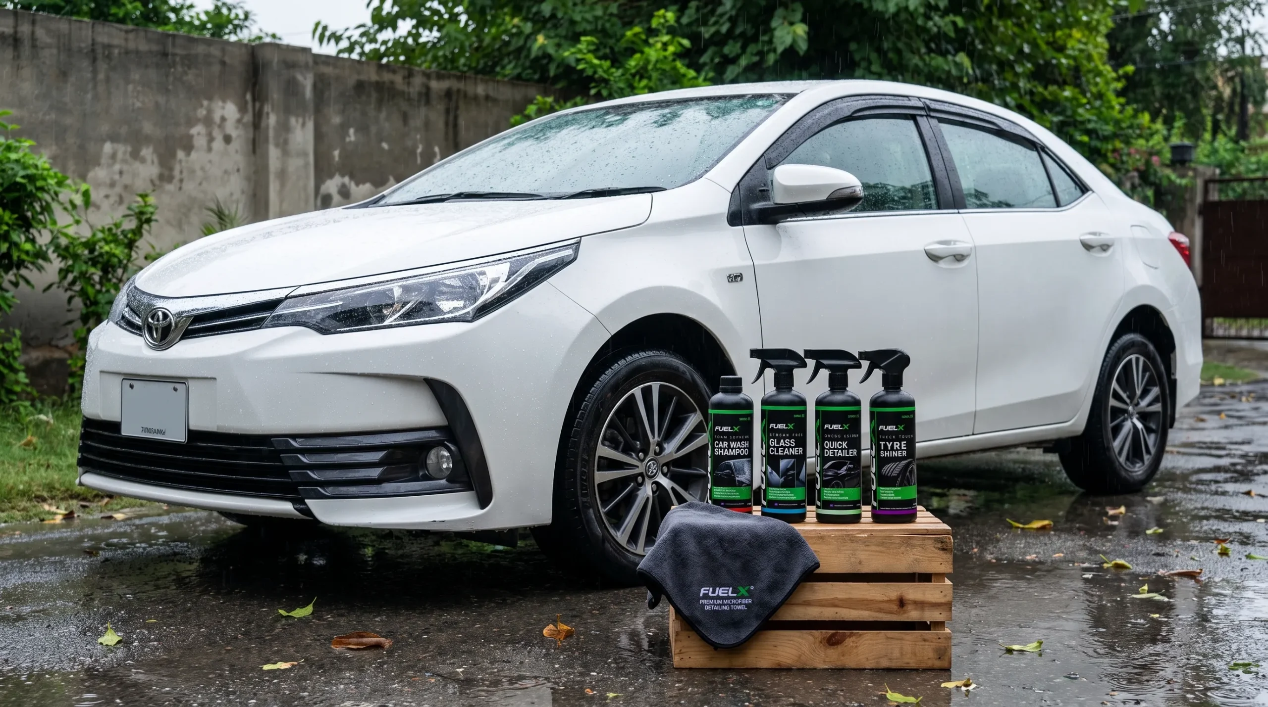 FuelX car care products for cleaning and maintaining a car after rain