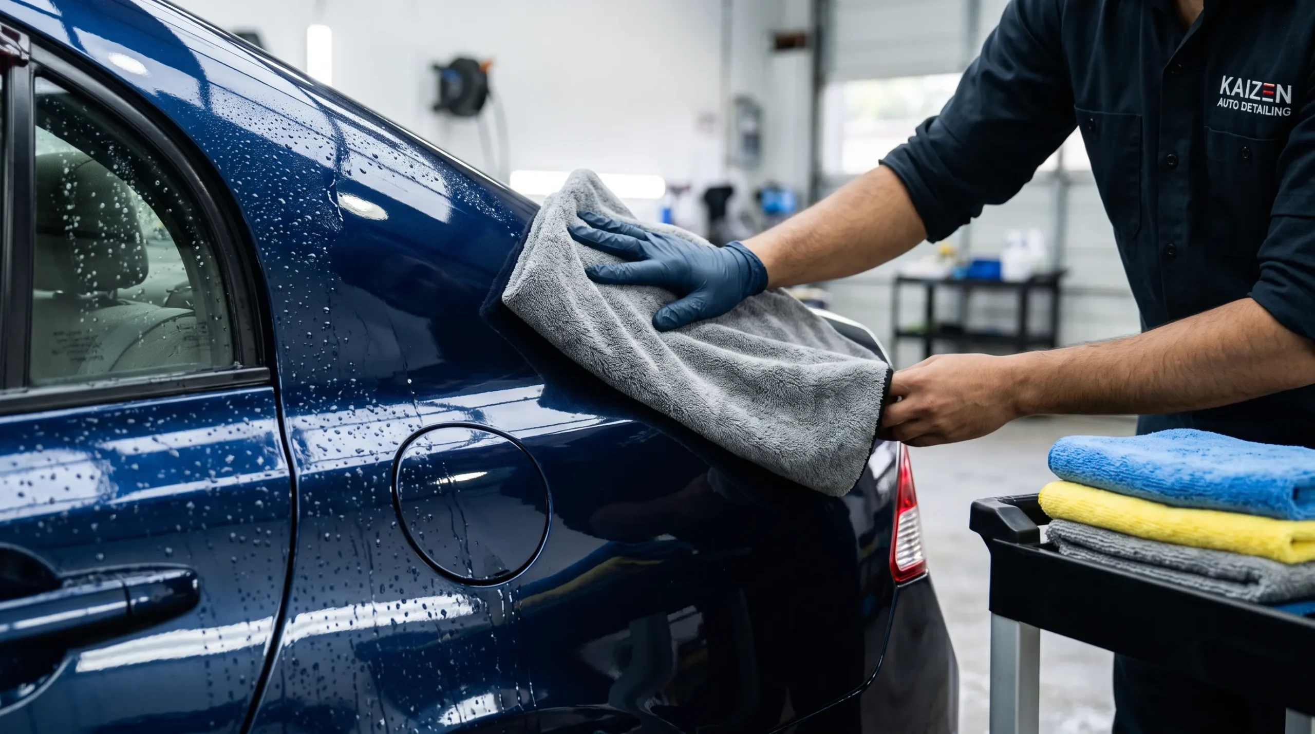 Using a microfiber towel to dry a freshly washed car