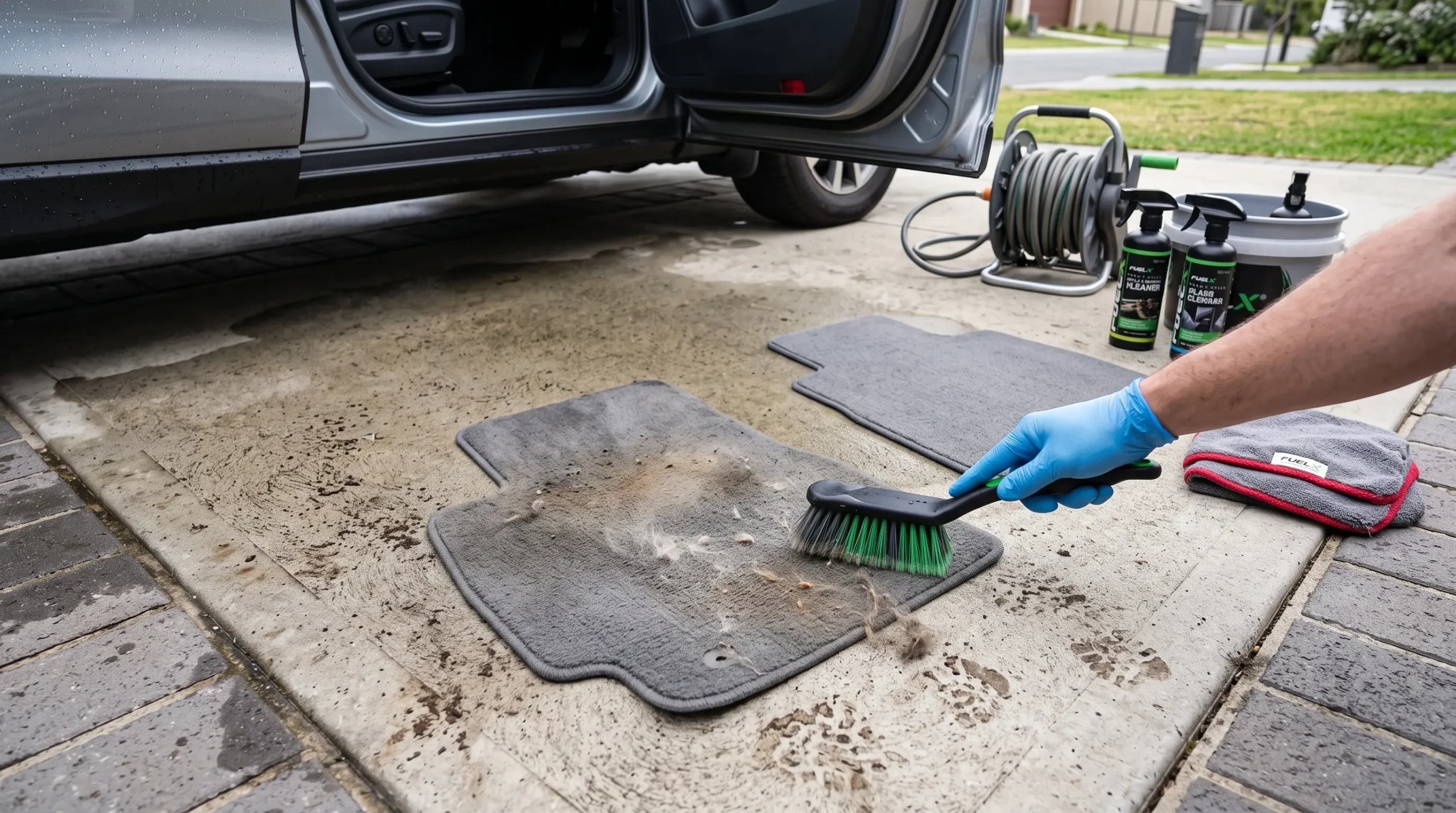 Cleaning and vacuuming car floor mats at home