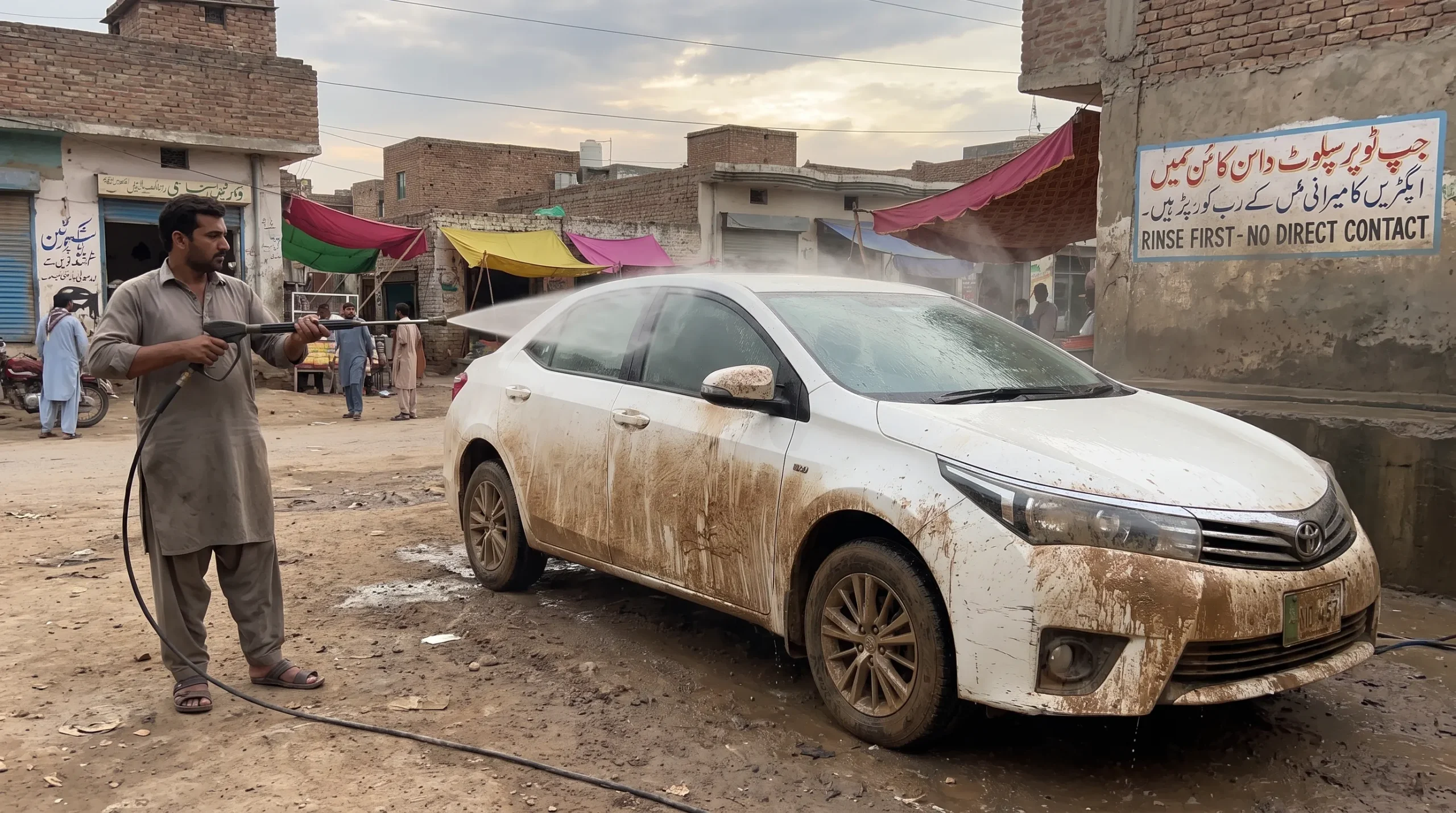 Rinsing mud from a car before washing to prevent paint scratches