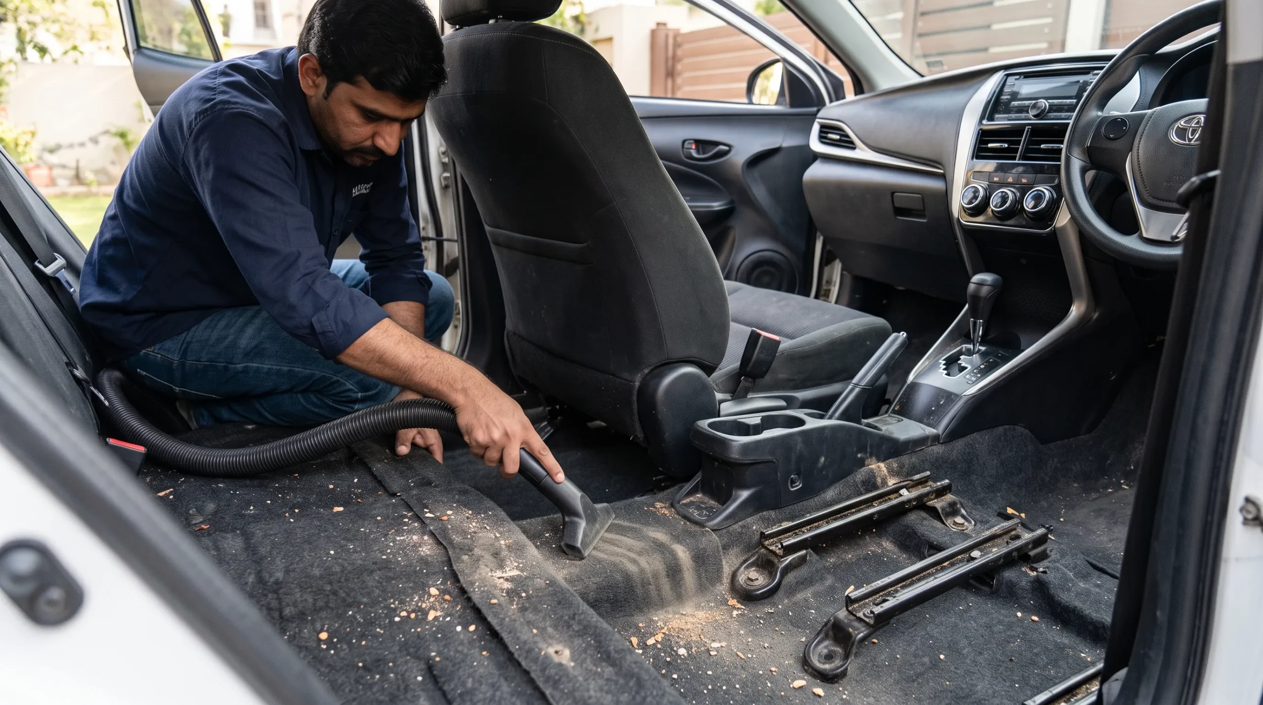 Vacuuming dust and dirt from underneath a car seat during interior detailing