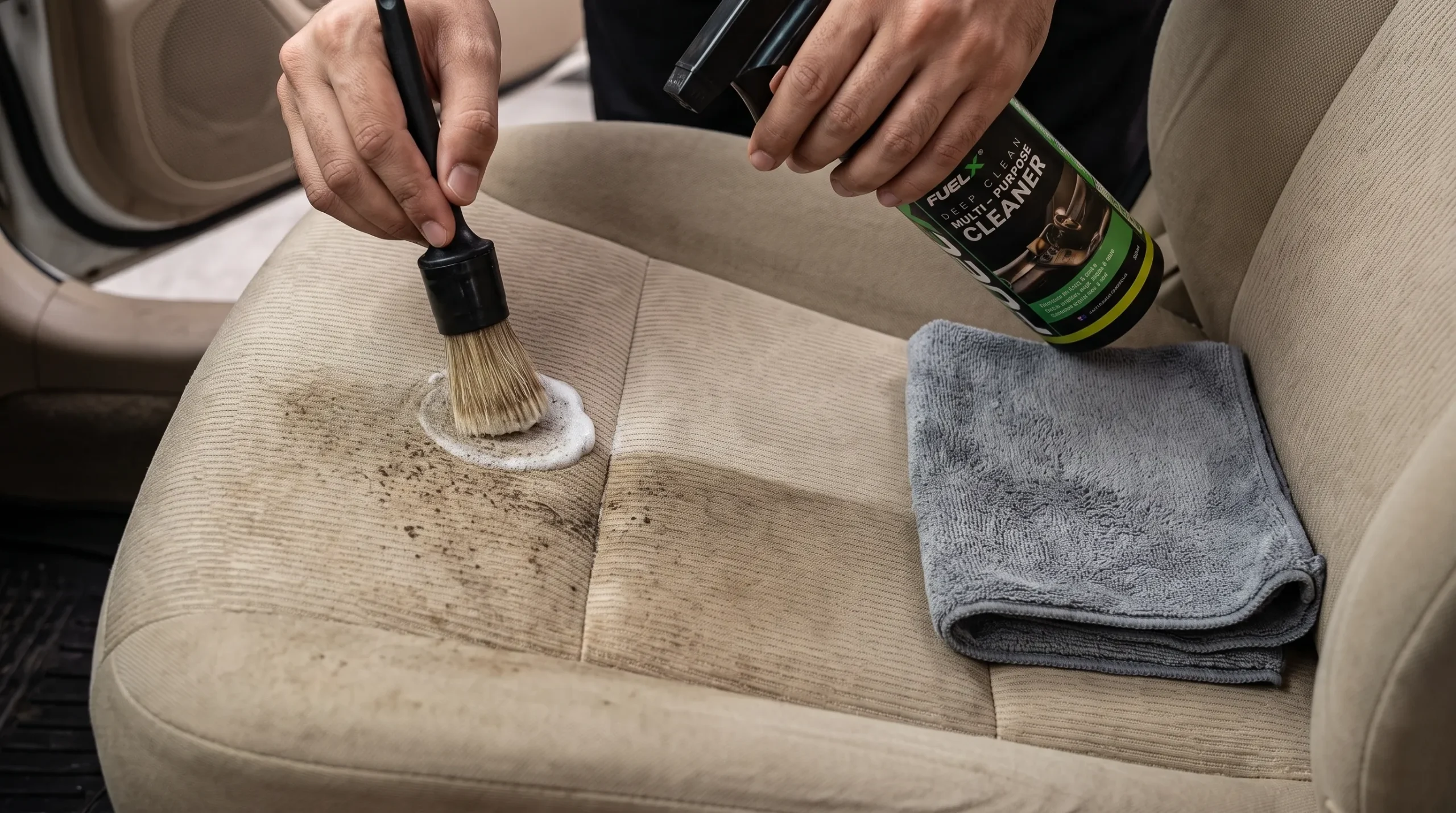 Gently brushing a car seat with automotive interior cleaner