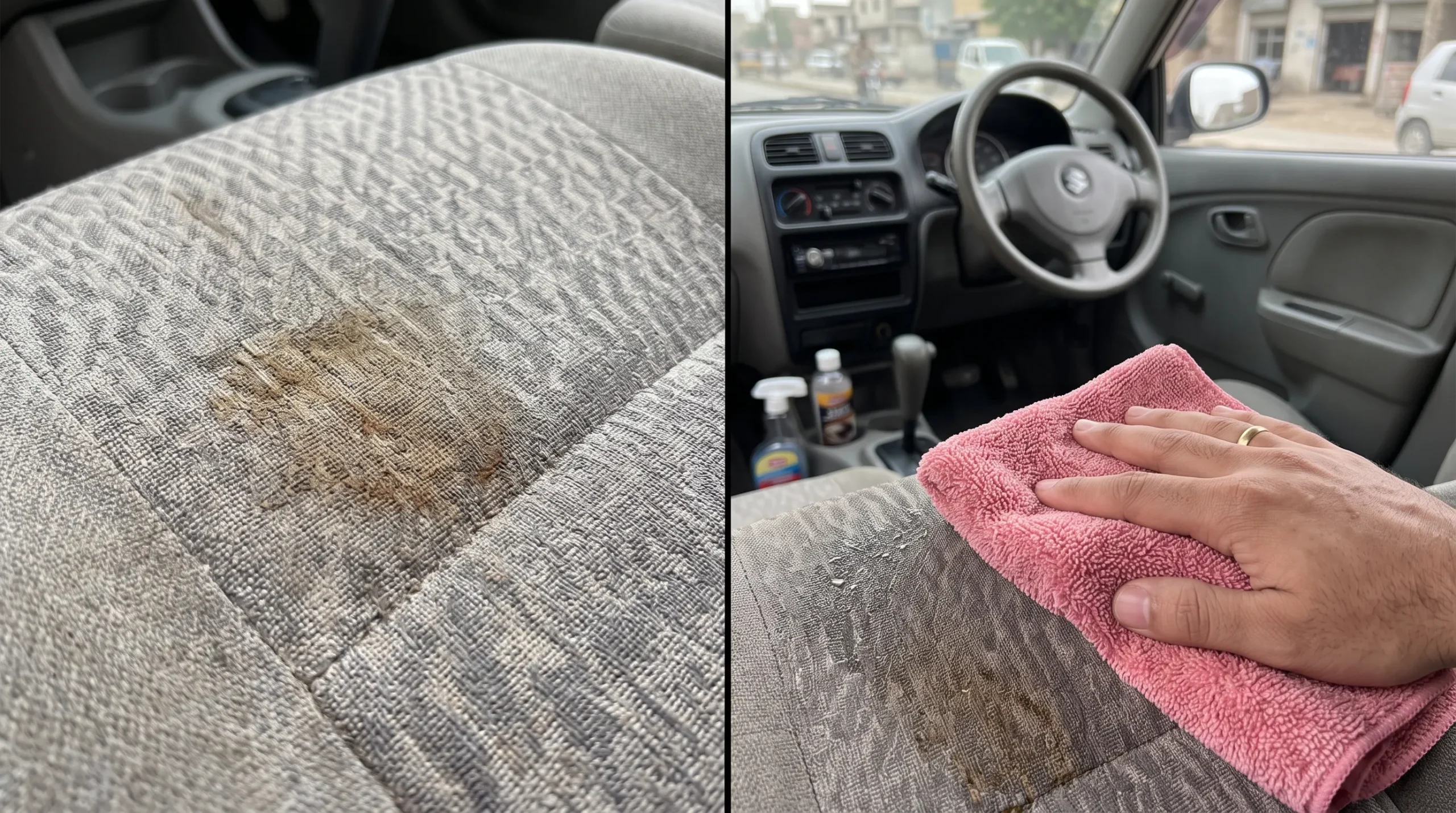 Cleaning a fabric car seat during a home interior detailing process