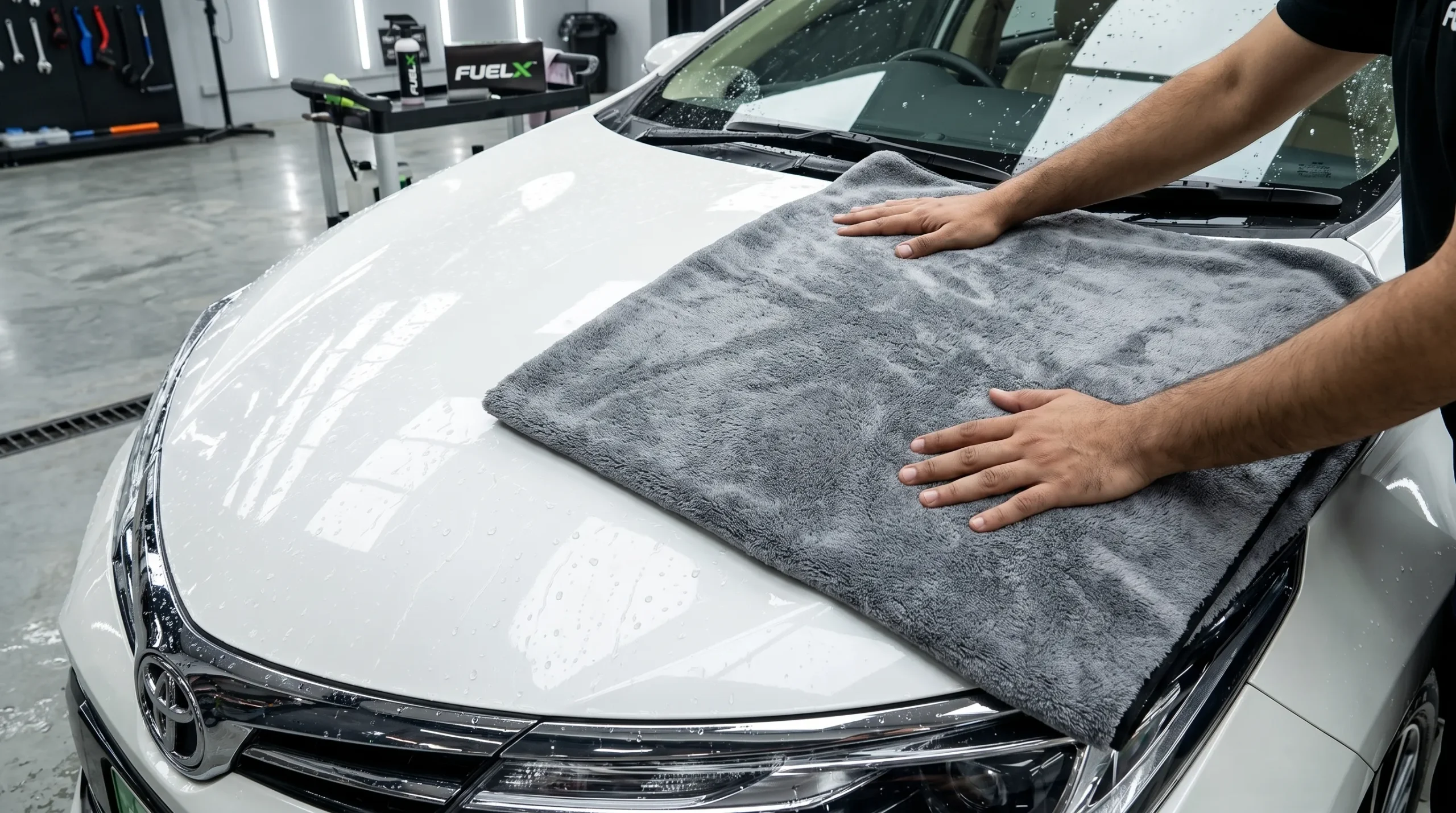 Drying a freshly washed car with a microfiber detailing towel