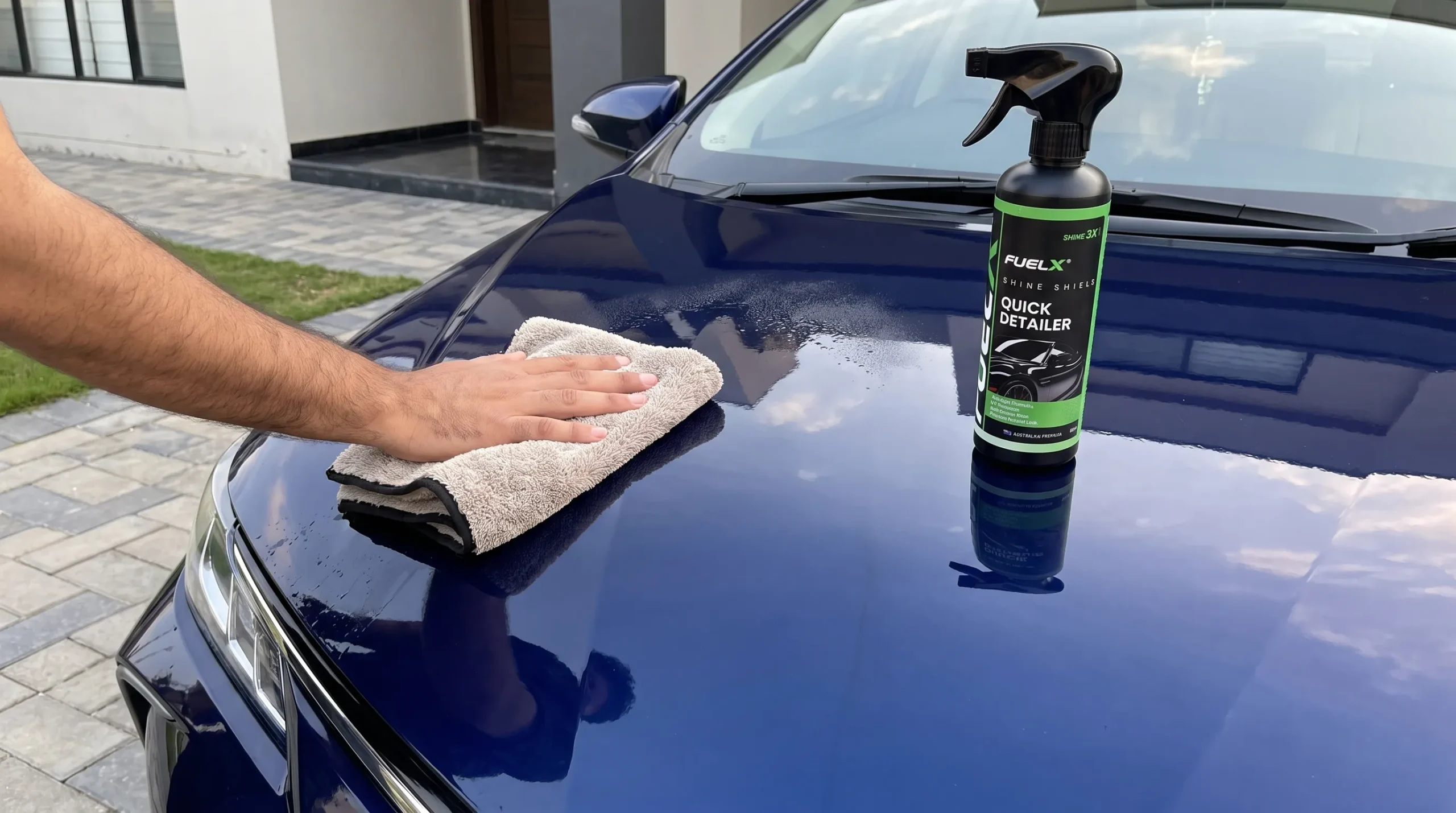 Using a quick detailer on clean car paint after removing bird droppings