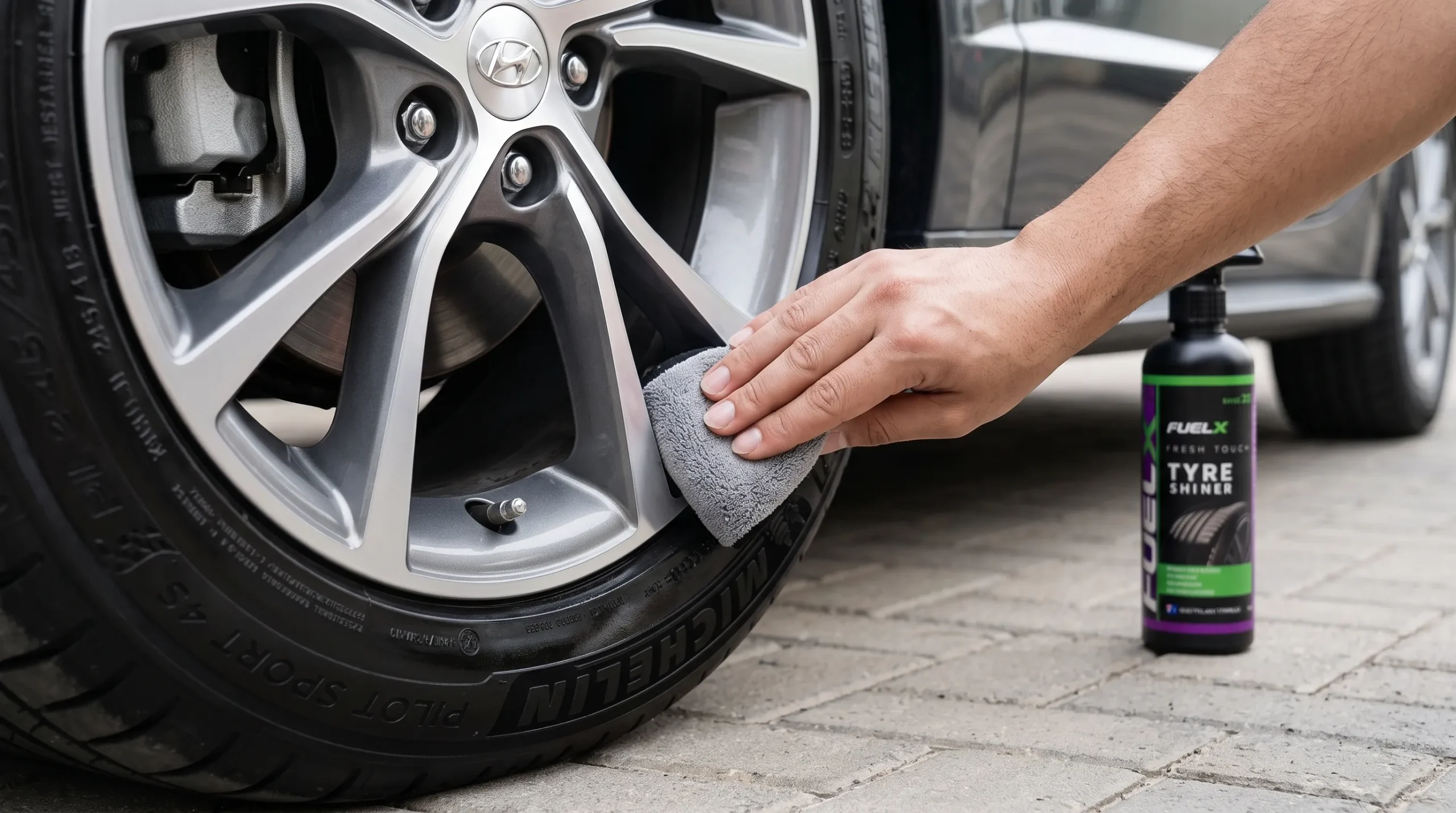 Applying tyre shiner to a car tyre sidewall