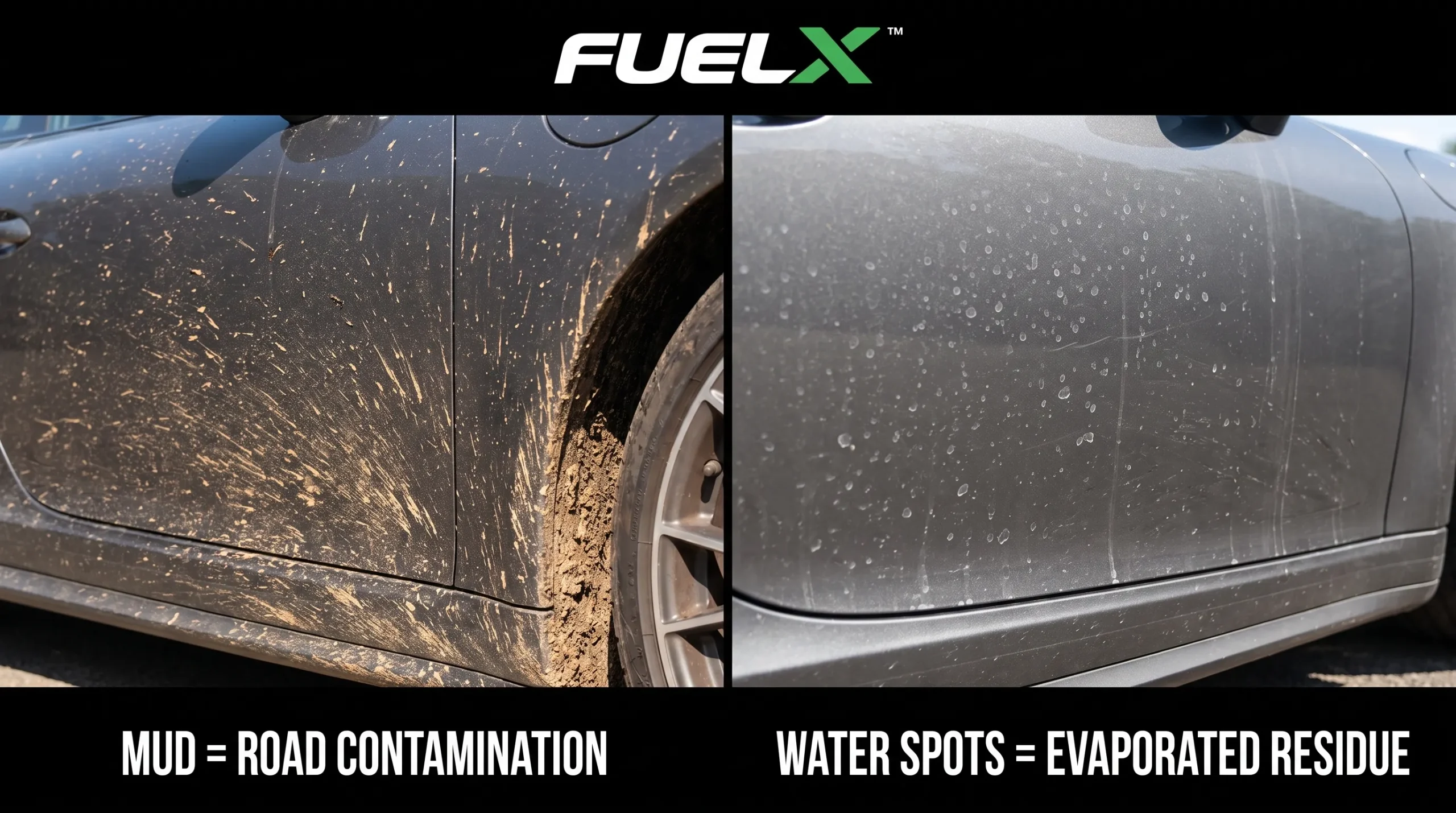 Difference between dried mud and rainwater water spots on car paint