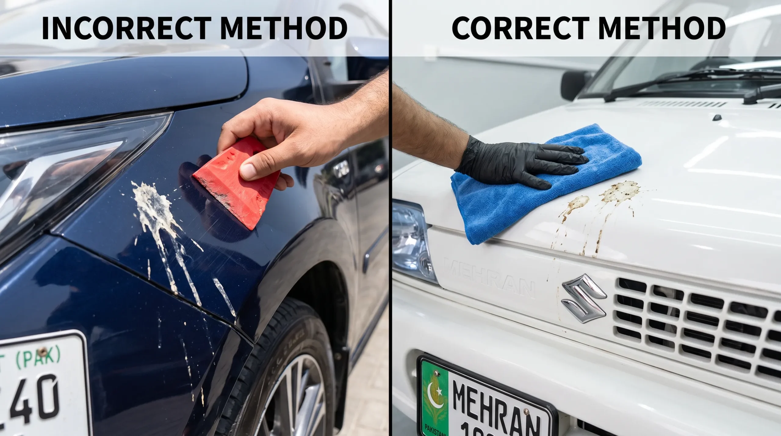 Safe and unsafe methods for removing bird droppings from car paint