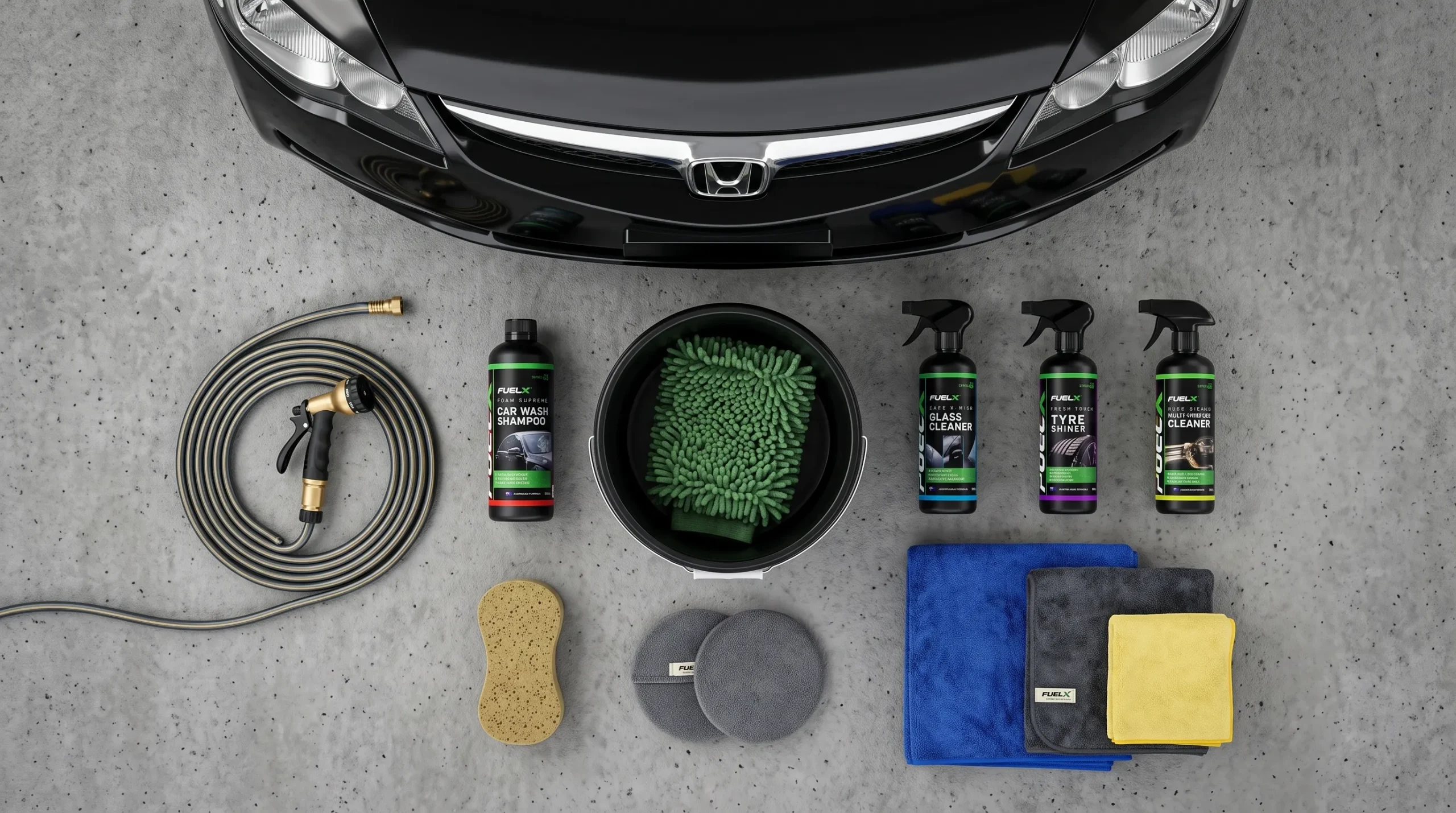 Essential car cleaning products for a home car wash