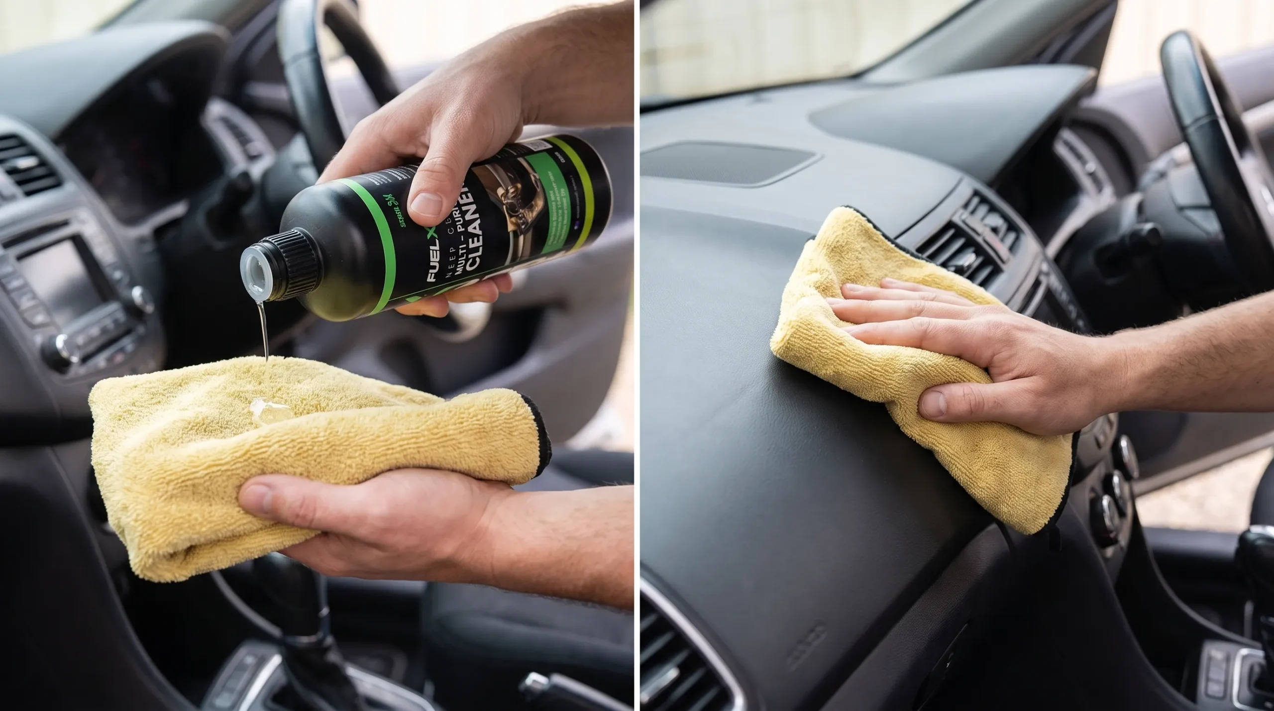 Applying car interior cleaner to a microfiber towel before cleaning the dashboard