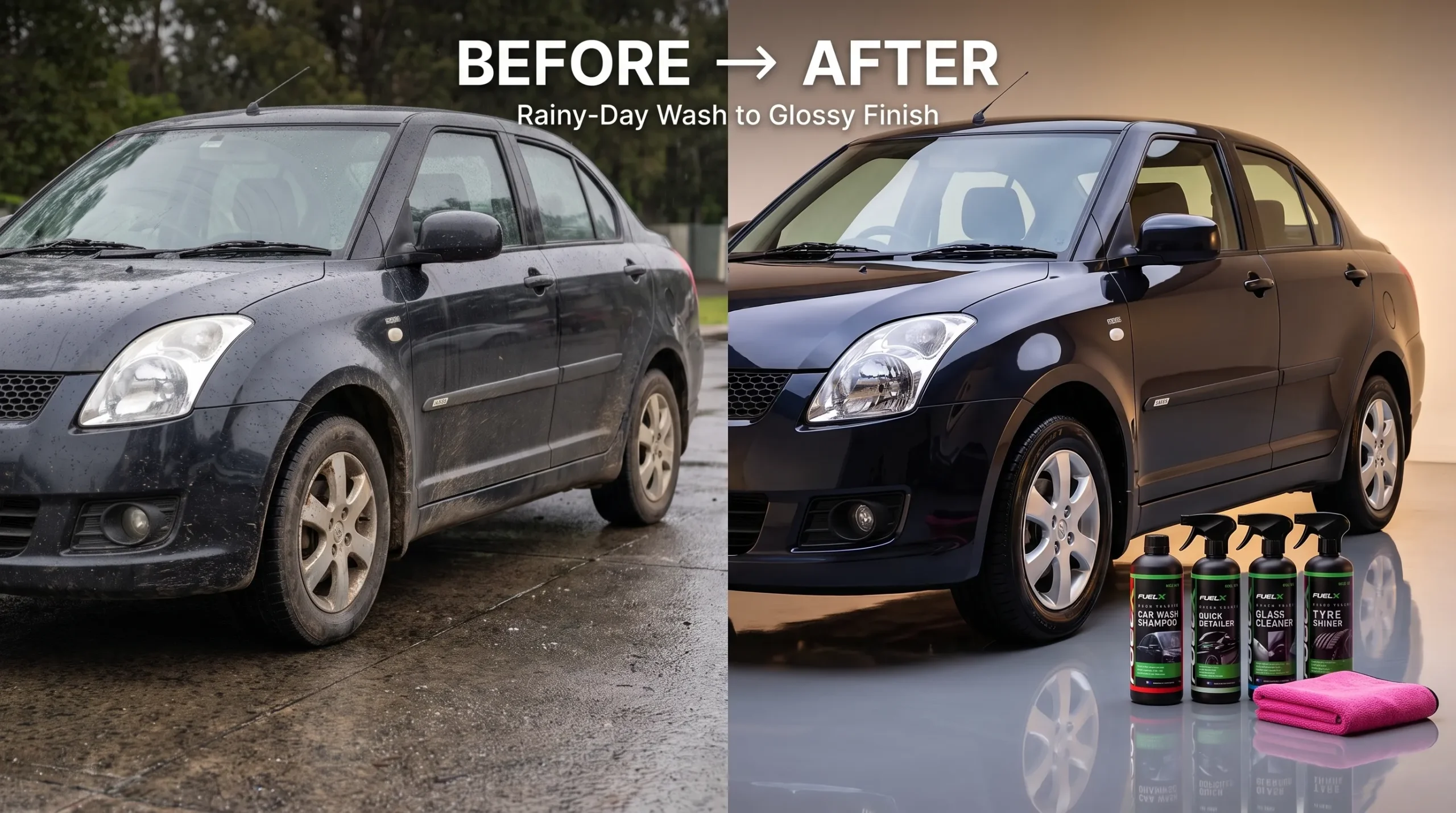 Before and after car detailing after a rainy-day wash