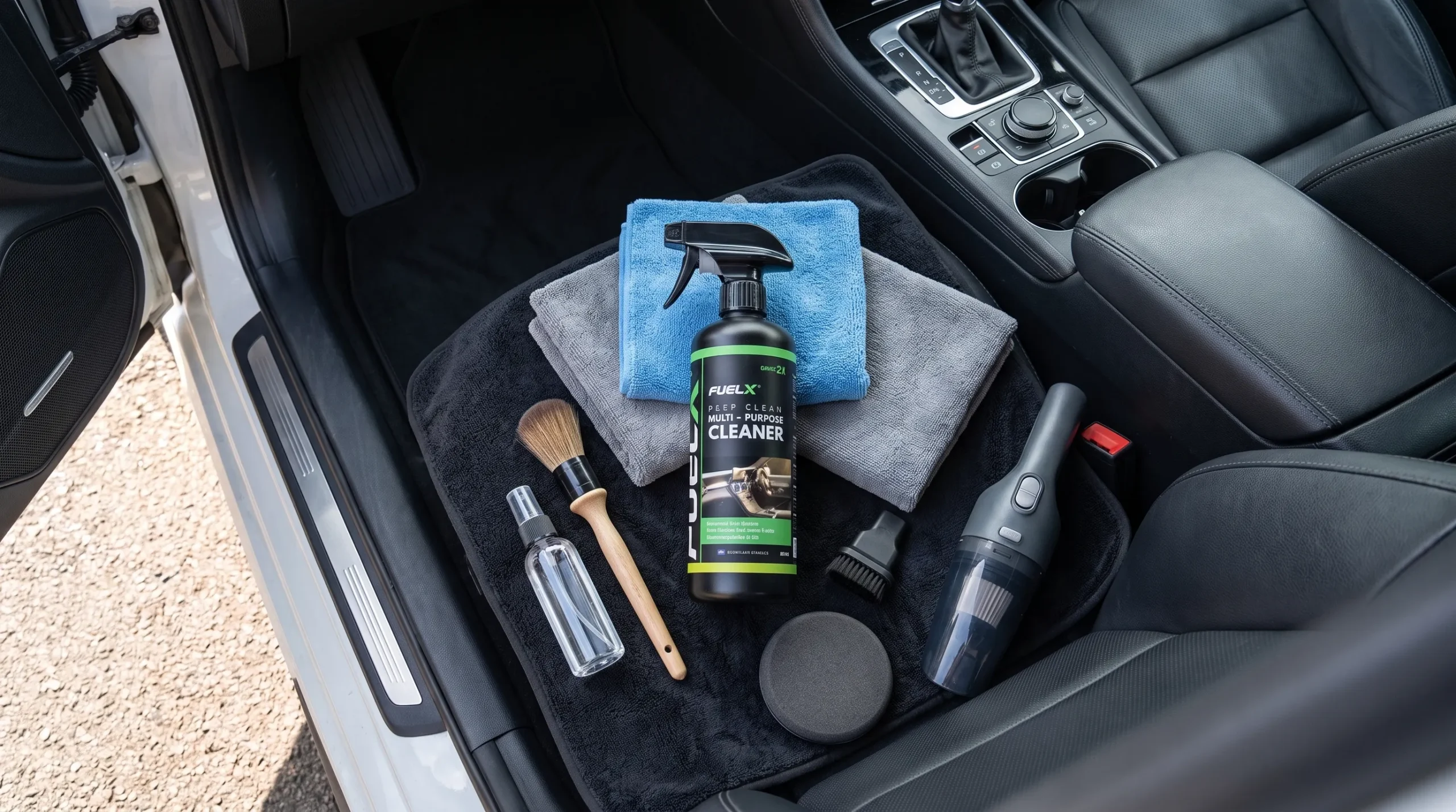 Tools and microfiber towels needed to clean a car dashboard
