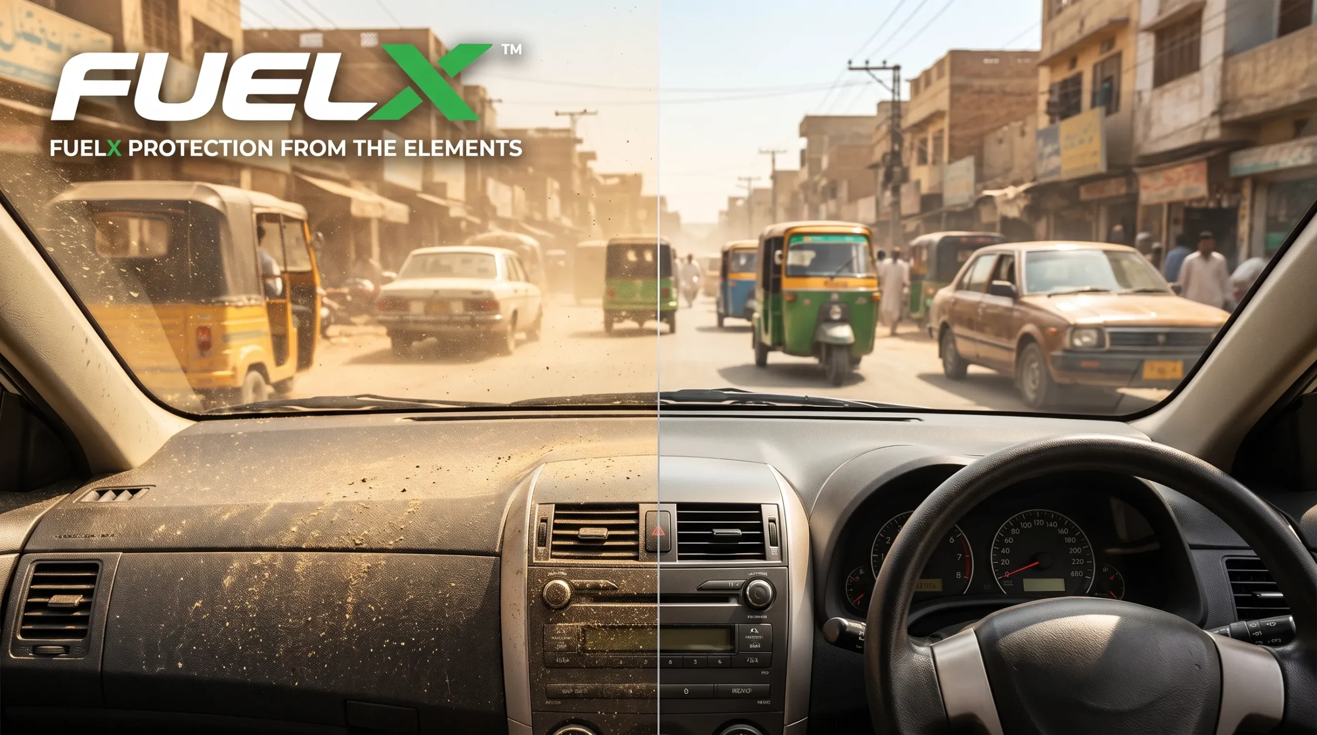 Car dashboard exposed to dust, heat and sunlight