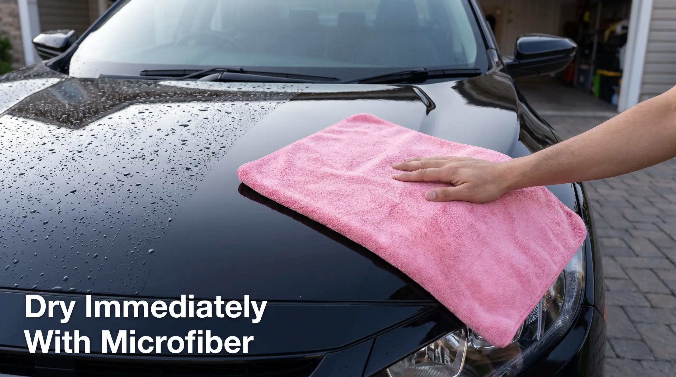 Drying a freshly washed car with a microfiber towel