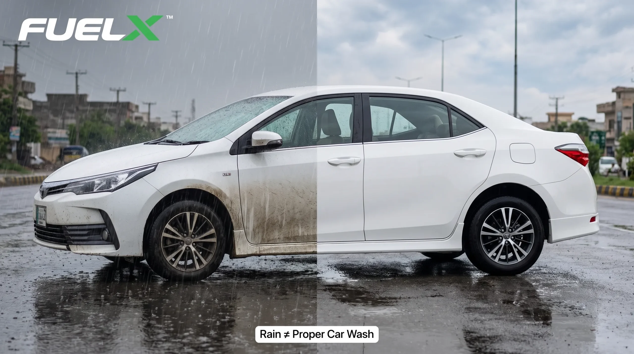 Rainwater leaving road grime on a car