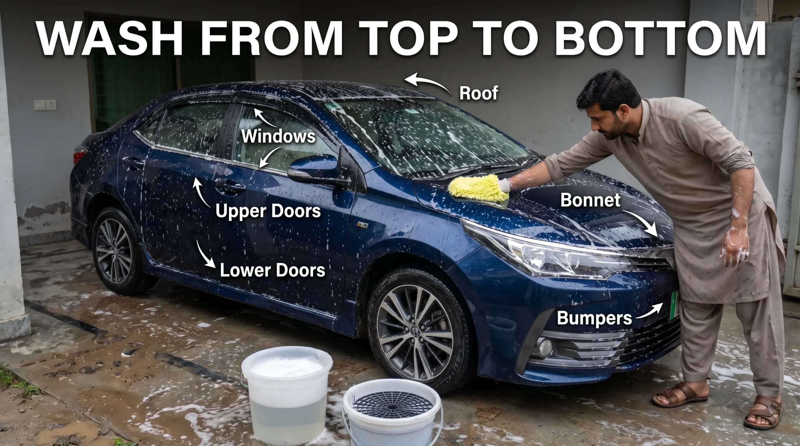 Washing a car from top to bottom after rain