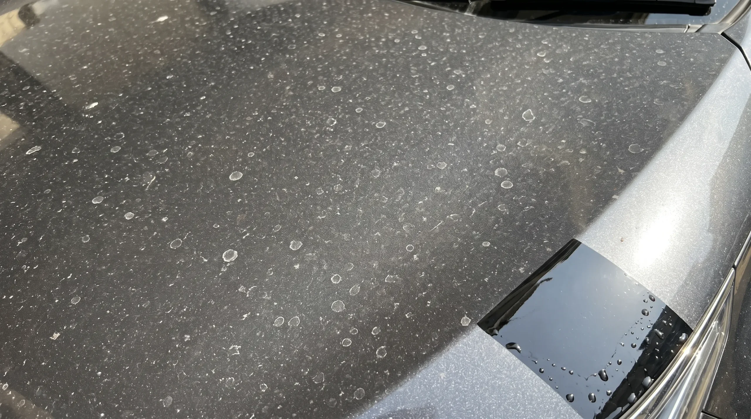 Water spots and road grime on car paint after rain
